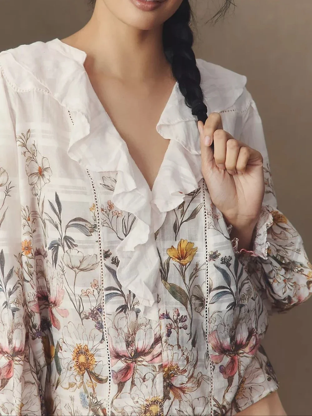 Anthropologie White Floral Ruffle V-Neck Blouse